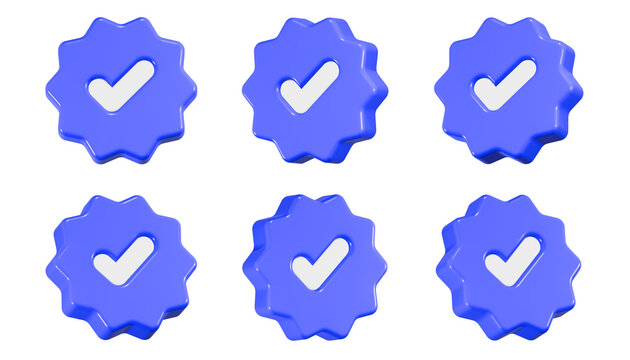 Blue checkmark icon 3d rendering in badge