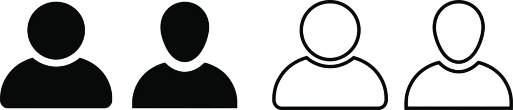 User profile icon set with solid black and outline person avatar account symbol vector illustration
