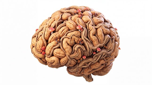 Walnuts arranged creatively into the shape of human mind tissue displaying intricate vascular network patterns and tiny fungi growing across the convoluted surface for educational purposes 3D