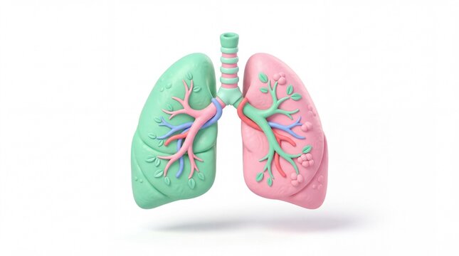 Three dimensional rendering of human respiratory system featuring colorful lungs and trachea depicting internal anatomy for educational medical presentations and healthcare awareness campaigns.