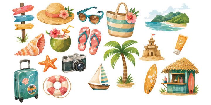 Watercolor Tropical Beach Resort and Summer Travel Elements Set Isolated on White Background