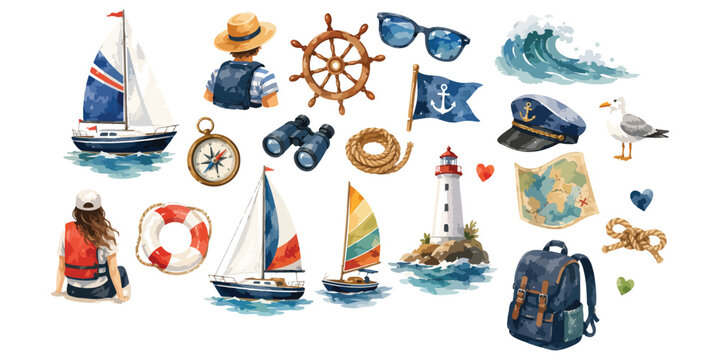 Watercolor Nautical Sailing and Marine Travel Equipment Set Isolated on White Background