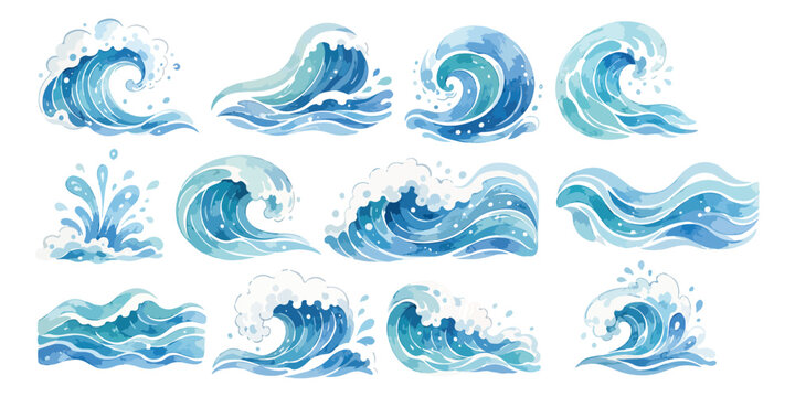 Watercolor Ocean Waves and Water Splash Elements Collection Isolated on White Background