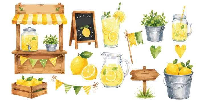 Watercolor Fresh Lemonade Stand and Cold Summer Drinks Set Isolated on White Background