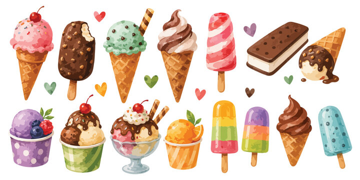 Watercolor Ice Cream Cones Popsicles and Sweet Desserts Set Isolated on White Background