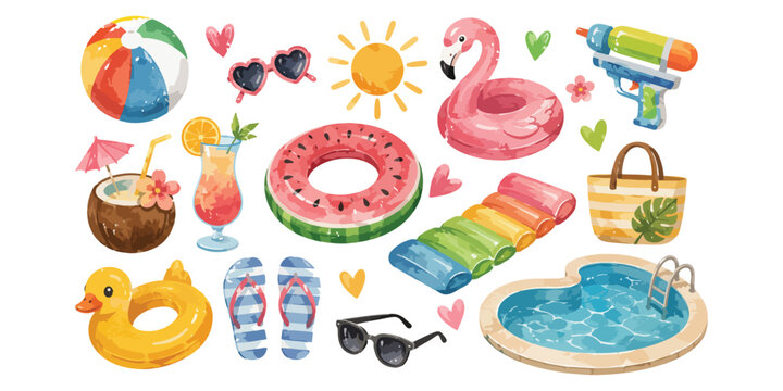Watercolor Summer Pool Party Toys and Floating Inflatables Set Isolated on White Background