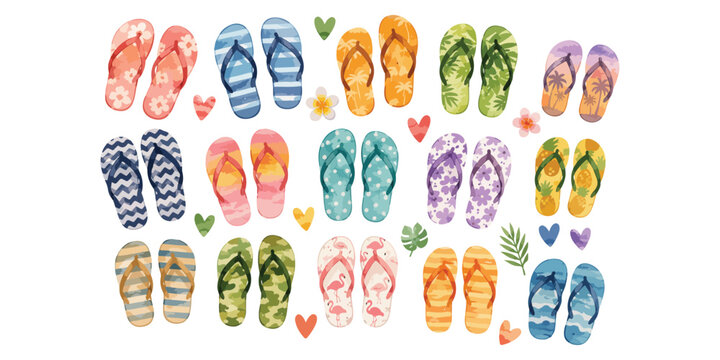 Watercolor Colorful Summer Beach Flip Flops and Sandals Collection Isolated on White Background