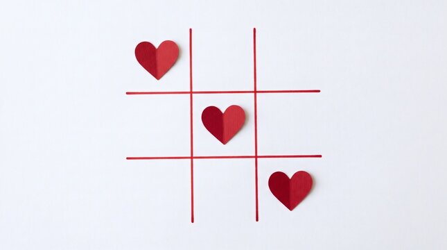 Red Hearts Tic Tac Toe Game on White Background.