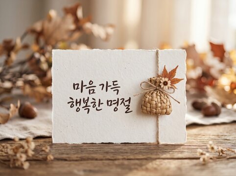 정갈한 짚 라인 소품과 함께 놓인 추석 카드