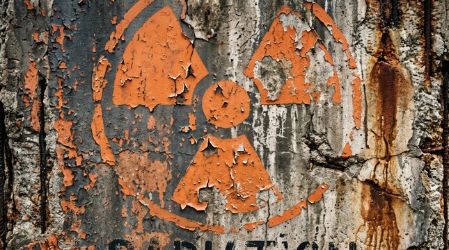 Weathered Radioactive Symbol on Rusty Metal Surface.