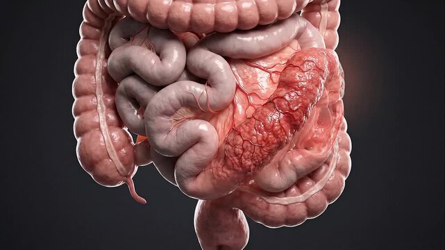 Woman Suffering from Abdominal Pain with Glowing Inflamed Intestine 3D Overlay