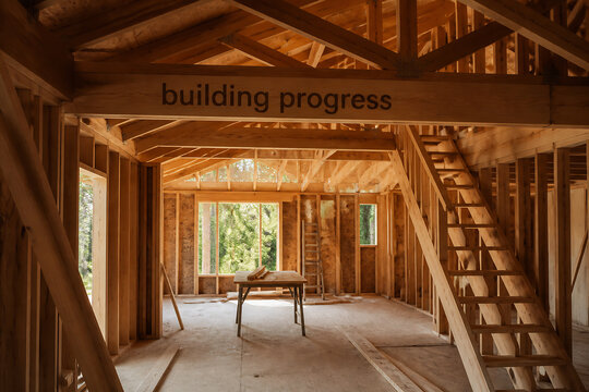 An interior view of a wooden building under construction with the words "building progress" visible.