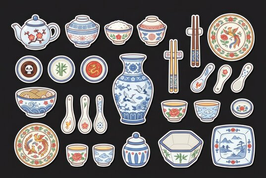 A set of decorative porcelain bowls, plates, spoons and chopsticks arranged on a black background. Concept of traditional Chinese ceramic tableware and decorative motifs. 