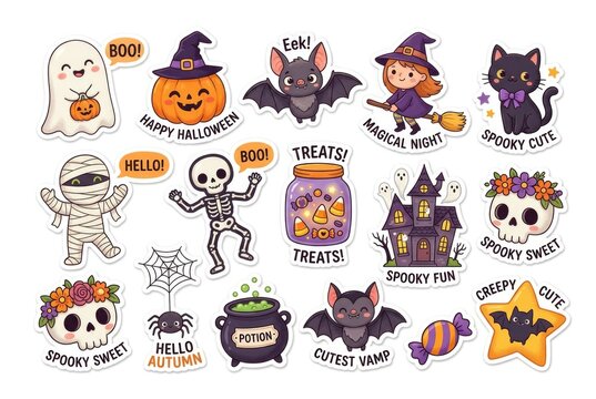 A set of cute cartoon Halloween stickers featuring ghosts, pumpkins, bats, a witch, a skeleton, candy and other festive icons on a white background. Concept of playful Halloween sticker set.