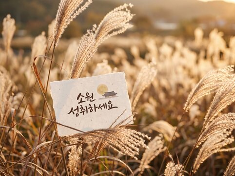 은빛 억새풀 사이로 보이는 미니멀 추석 카드