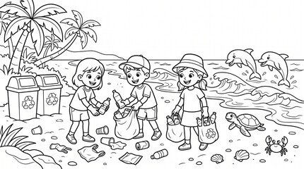 Fototapeta premium Kids Cleaning Beach Together Collecting Trash and Recycling to Protect Ocean Wildlife and Environment Coloring Page