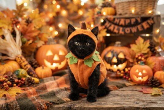 A black kitten dressed in a pumpkin costume sits on a plaid blanket surrounded by carved jack-o'-lanterns, autumn leaves, and warm fairy lights. Concept of adorable Halloween pet costume and cozy aut