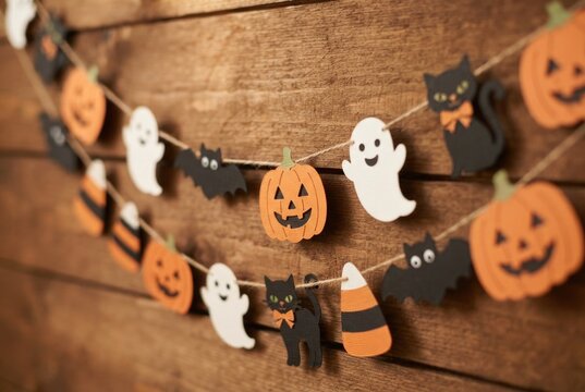A Halloween garland with pumpkins, ghosts, bats, black cats and candy corn hangs on a wooden wall. Concept of playful, rustic Halloween decorations.