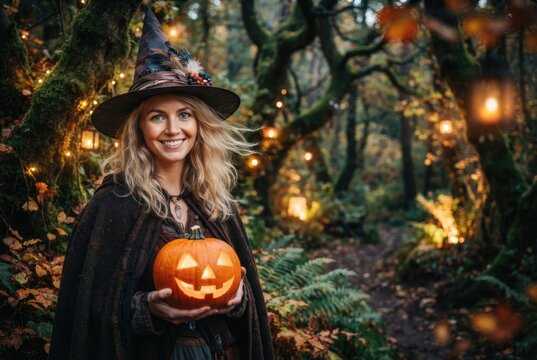 A smiling woman in a witch costume holds a glowing carved pumpkin in a lantern-lit autumn forest. Concept of warm, magical Halloween celebration in nature.