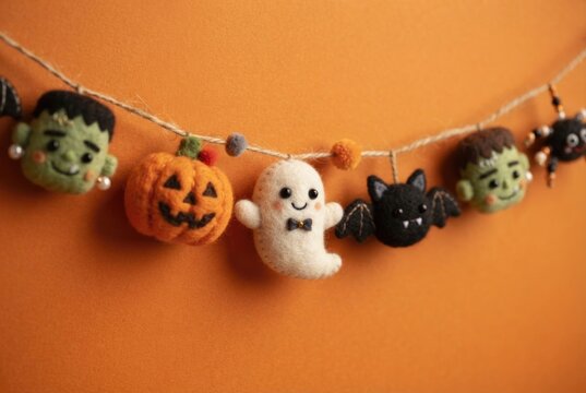 A felt Halloween garland featuring tiny pumpkins, ghosts, bats, spiders and Frankenstein faces hangs against an orange background. Concept of cute handmade Halloween decorations.