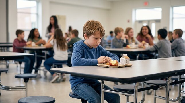 Lonely young boy sitting alone at school cafeteria table with classmates blurred in background