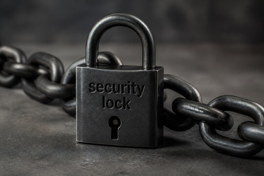 A black padlock on a chain rests on a dark, textured surface.