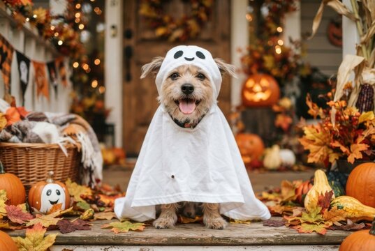 A small dog wearing a ghost costume sits on a decorated porch surrounded by pumpkins and autumn leaves. Concept of Halloween pet costumes and festive autumn decor.