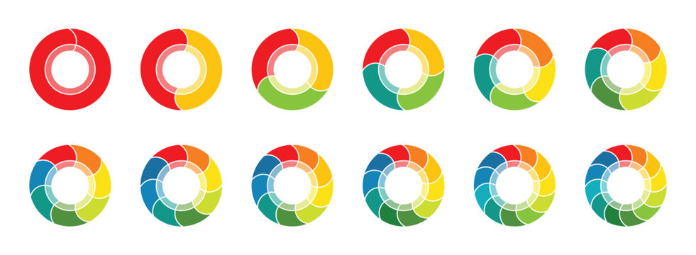 Circle pie chart diagram. Infographic template design with colorful circle diagram collection with 1,2,3,4,5,6,7,8,9,10,11,12 sections or steps.Segment slice sign. Flat process cycle.Progress sectors.