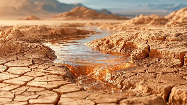 Water Spreading Over Dry Cracked Clay Soil Macro