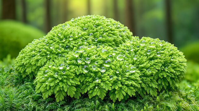 Emerald Forest Moss With Morning Dew Droplets Macro
