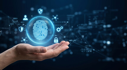 Obraz premium Biometric face scanner identity fingerprint security privacy protection data. Futuristic digital facial recognition system. identification verification id access, security protection