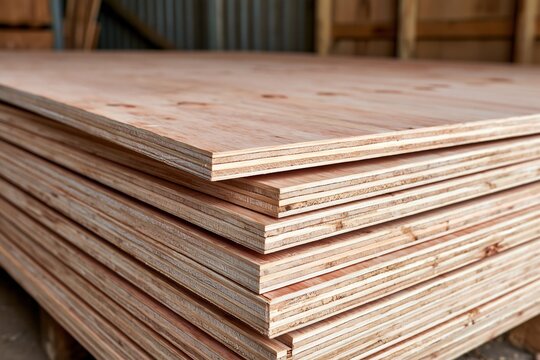 Stacked plywood boards showing layered edges inside a wood workshop