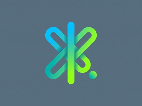 Abstract digital logo design with gradient blue and green curves on a gray background representing innovation