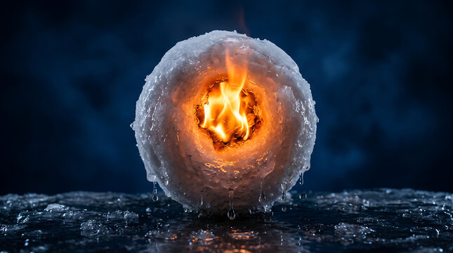 Ball of snow melting with fire burning inside representing paradox and contradictory elements.