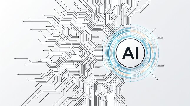 Abstract digital circuit board with AI symbol glowing in center against white background