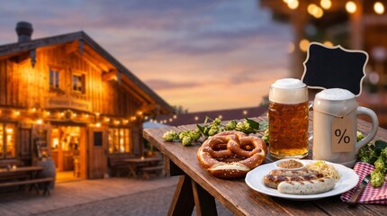 Fototapeta premium Traditional Bavarian beer and alcohol free drink with pretzels and sausages outside a rustic alpine lodge