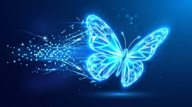 Abstract geometric butterfly emerging from digital data stream against dark blue background conceptualizing digital transformation