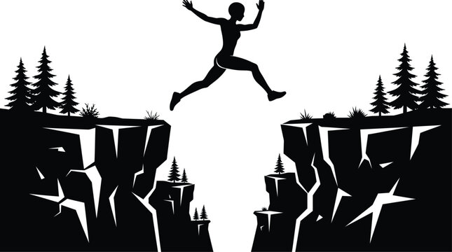 Silhouette of a person jumping across a deep cliff gap in mountains landscape with silhouette mountains landscape challenge