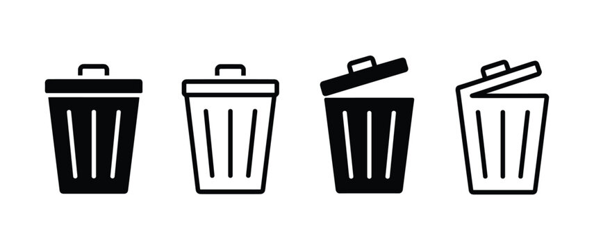 Trash Can Icon Collection. A set of four graphic icons representing trash cans, varying in design and lid state, against a plain background.