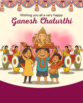 Ganesh Chaturthi Pink and Yellow Illustrated Greeting Poster