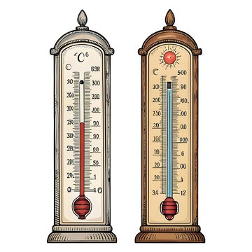 Vintage thermometers measuring temperature in Celsius and Fahrenheit