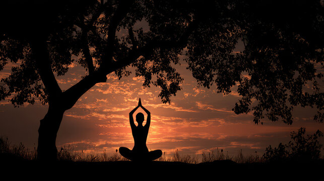 Yoga silhouette of a person meditating under a tree at sunset for mindfulness and wellness