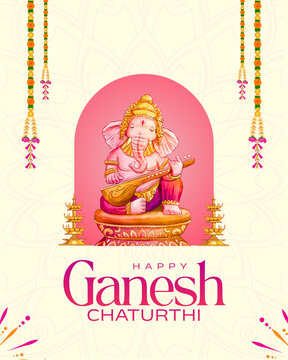 Ganesh Chaturthi Pink Magenta And Gold Festive Illustrated Greeting Poster