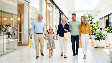 Fototapeta premium Multigenerational family shopping together with grandparents at modern shopping mall
