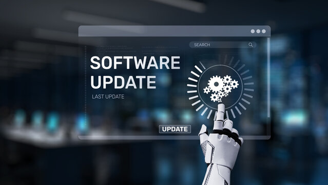 A robotic hand engages with a sleek digital interface showing a software update prompt, symbolizing modern advancements in technology and automation in a tech workspace. Synapse