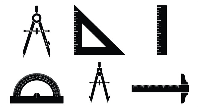 Drafting tools including compasses set squares and rulers are depicted in a black silhouette style compass divider