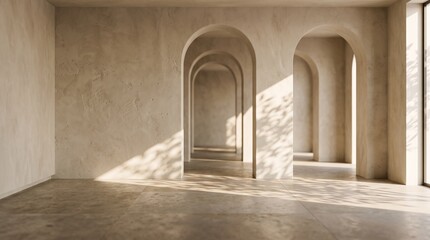 Fototapeta premium Minimalist Interior with Arched Passageways and Natural Lighting
