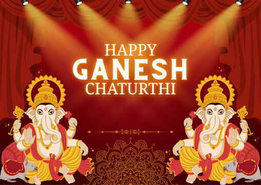 Ganesh Chaturthi Red and Gold Illustrated Greeting Poster