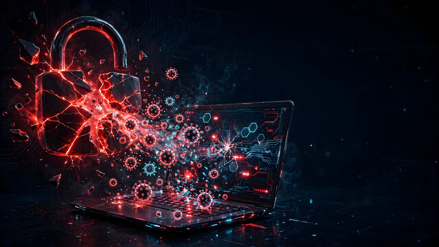 Infected computer blasting malicious sparks at shattered lock for data breach prevention slide