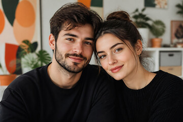 Fototapeta premium A young man and woman are posing closely together indoors, smiling at the camera.